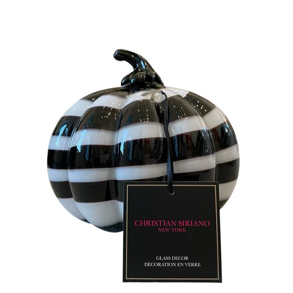 Christian Siriano Hand Blown Art Glass Pumpkin White Black Stripe Swirl 9x8 NEW - Picture 5 of 15